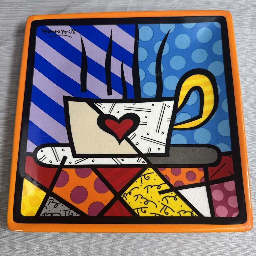 Romero Britto Ceramic Side Plate Trivet  Latte Love 8 X 8 Inch 2008